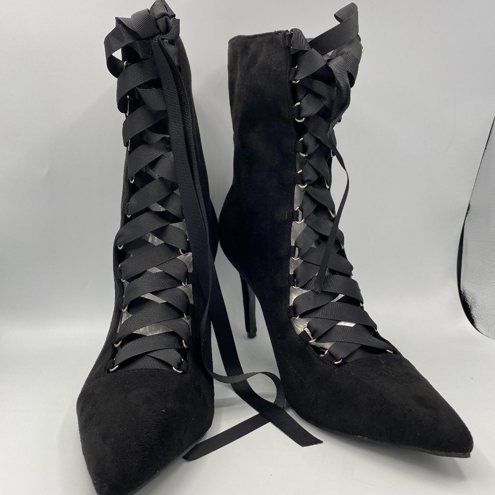 Black Suede Pointy Toe Lace Up Ankle Boots Heels
